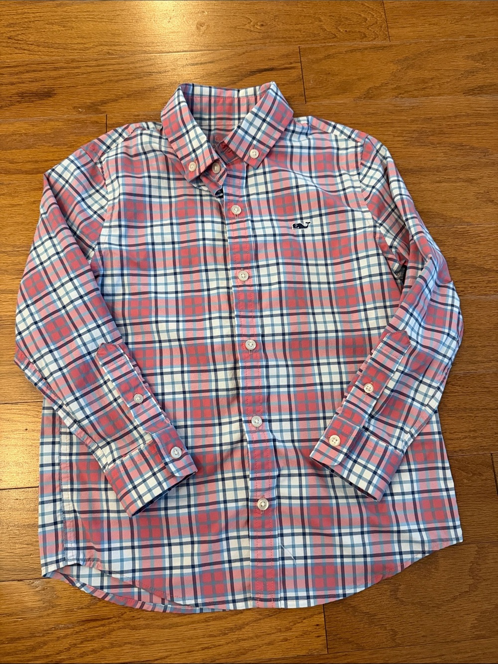 Vineyard Vines Boys Coral and Blue Plaid Button-Down Shirt